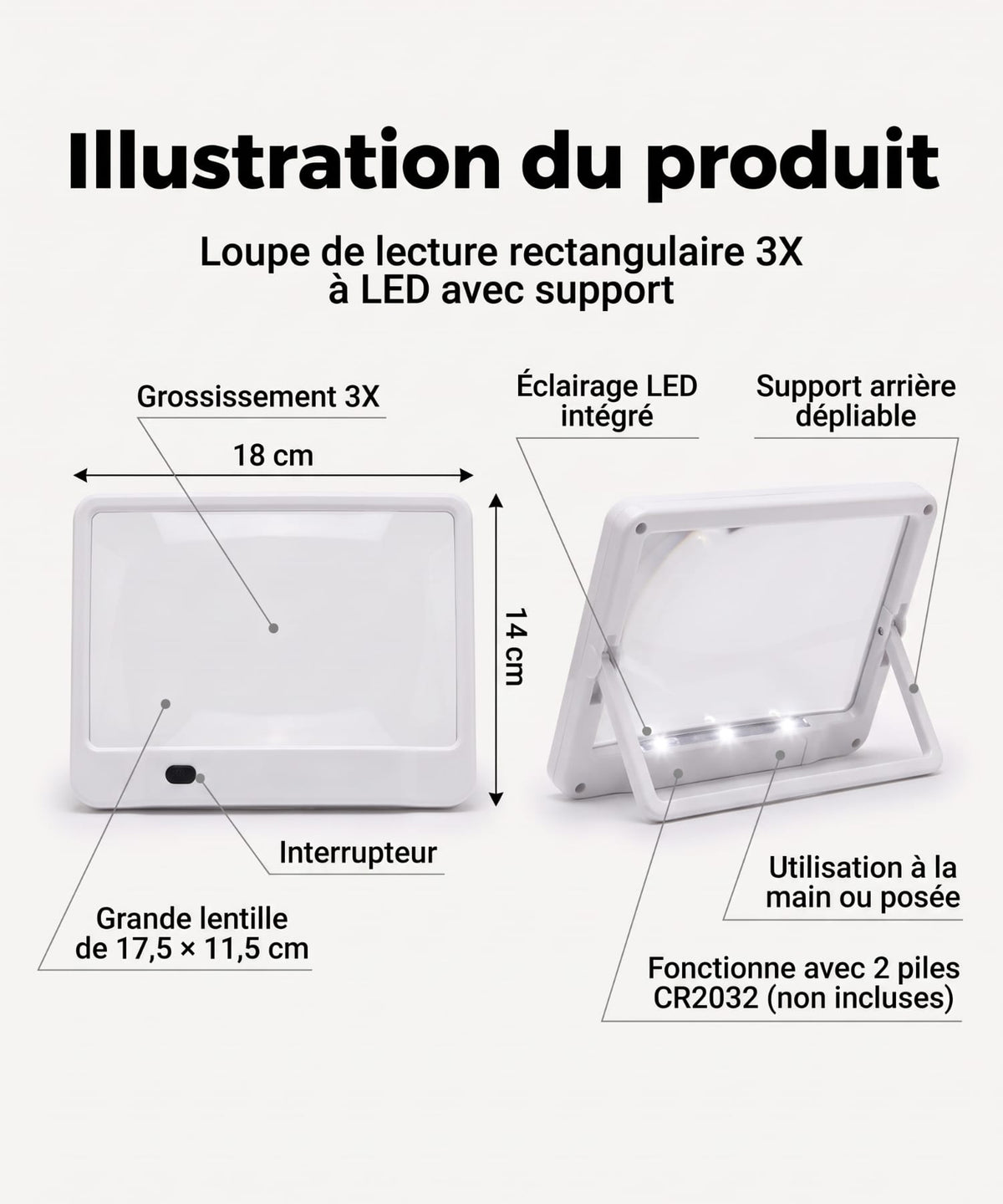 Loupe de Lecture rectangulaire LED